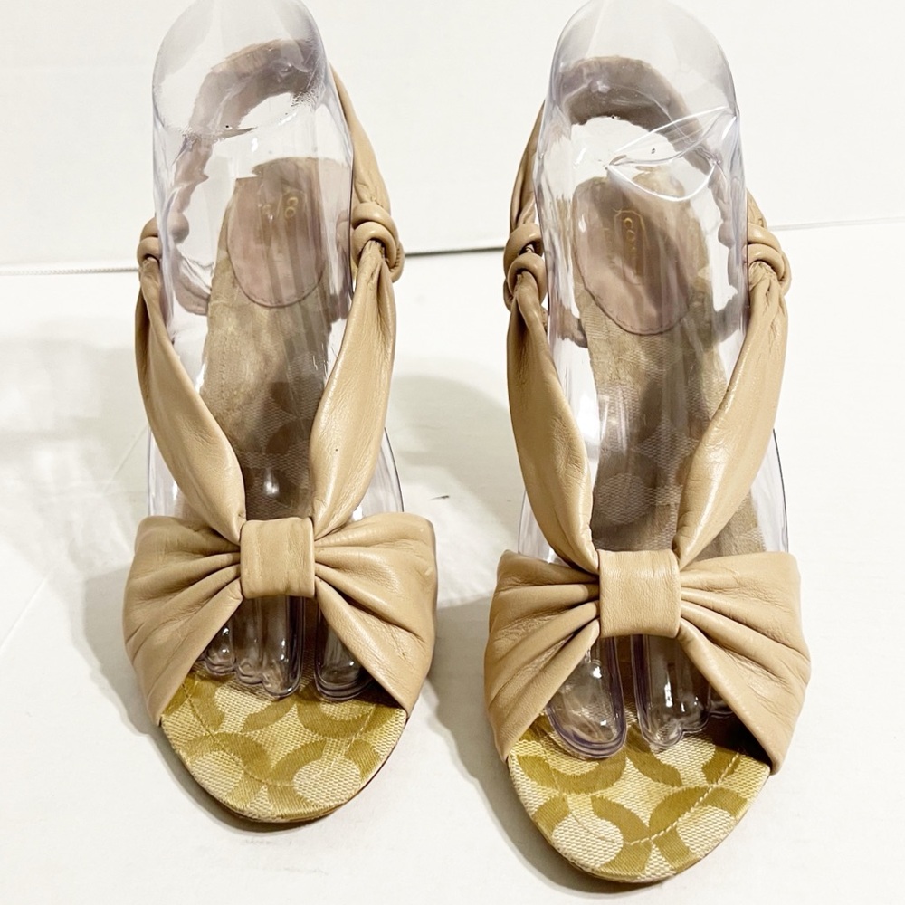 Coach Tan Leather Slingback Sandals with Elegant Chriss Cross Bow Design Heels